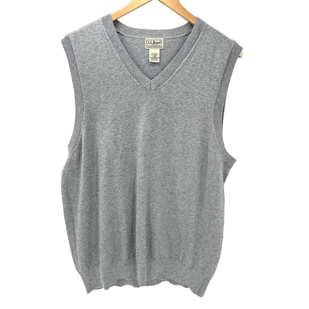 LLā Bean Sweater Mens Large Cotton Cashmere Vest Gray Knit Classic V-Neck